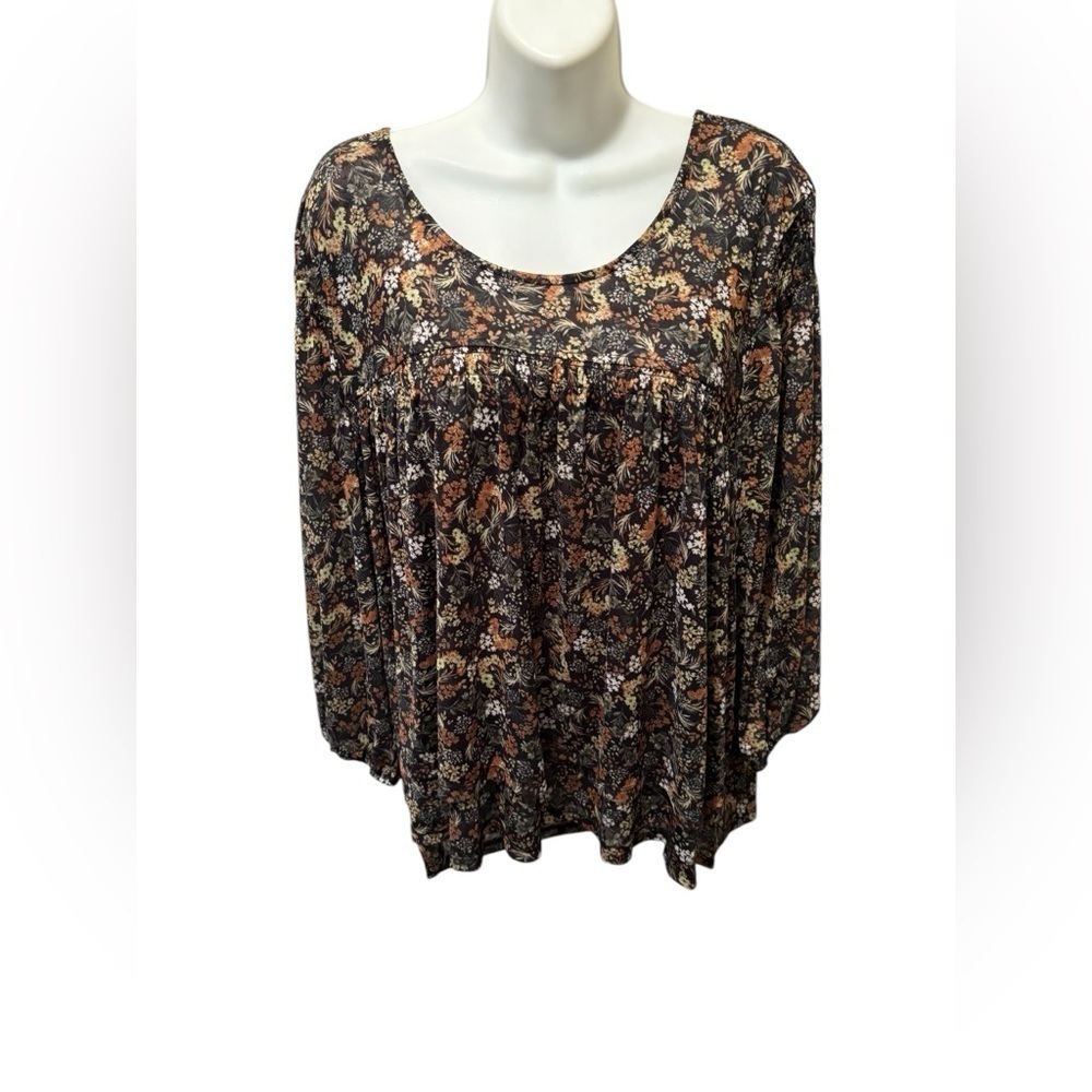Skye’s The Limit Smocked Mesh Babydoll Top Sz XL Black Floral 3/4 Balloon Sleeve